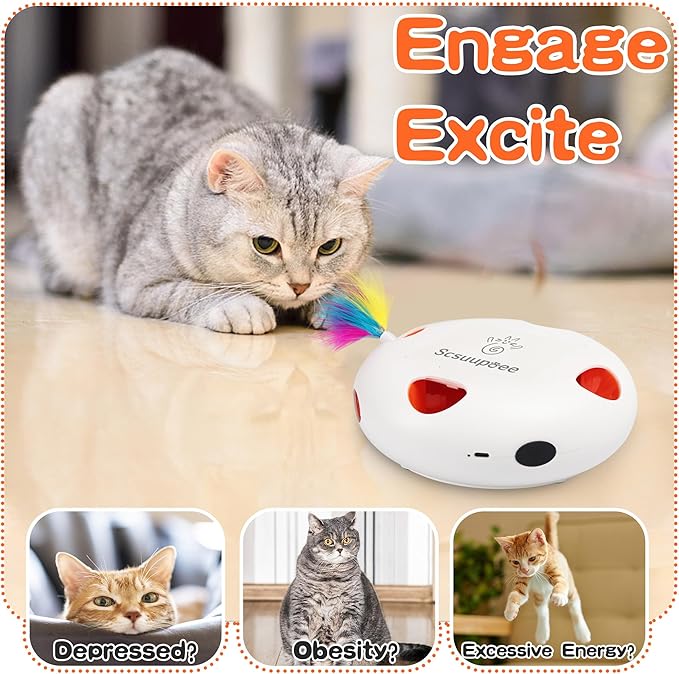 Scsuupoee Interactive Cat Toy, Electric Cat Toys for Moving Concealed Feathers, Smart Sensor 7 Holes Whack a Mole Feather Toy, USB Charge Automatic Kitten Christmas Toys,White
