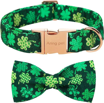 ARING PET St. Patrick's Day Dog Collar with Bow, Cute Adjustable Plaid Clovers Bowtie Pet Collars with Metal Buckle for Puppy Small Medium Large Boy Girl Dogs-XL