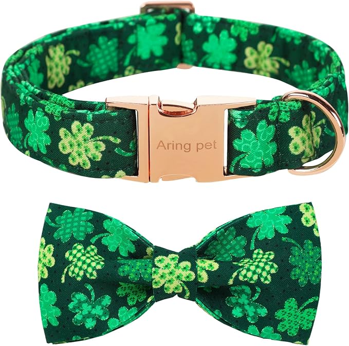 ARING PET St. Patrick's Day Dog Collar with Bow, Cute Adjustable Plaid Clovers Bowtie Pet Collars with Metal Buckle for Puppy Small Medium Large Boy Girl Dogs-M