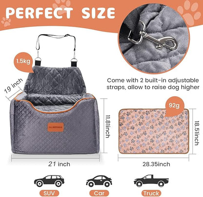 AlfaTok Memory Foam Booster Dog Car Seat with Washable Removable Cover, Elevated Pet Car Seat, Anti-Slip Sturdy Booster Seats for Small Dogs 35lbs, Seat Belt, Storage Pocket, Dog Blankets