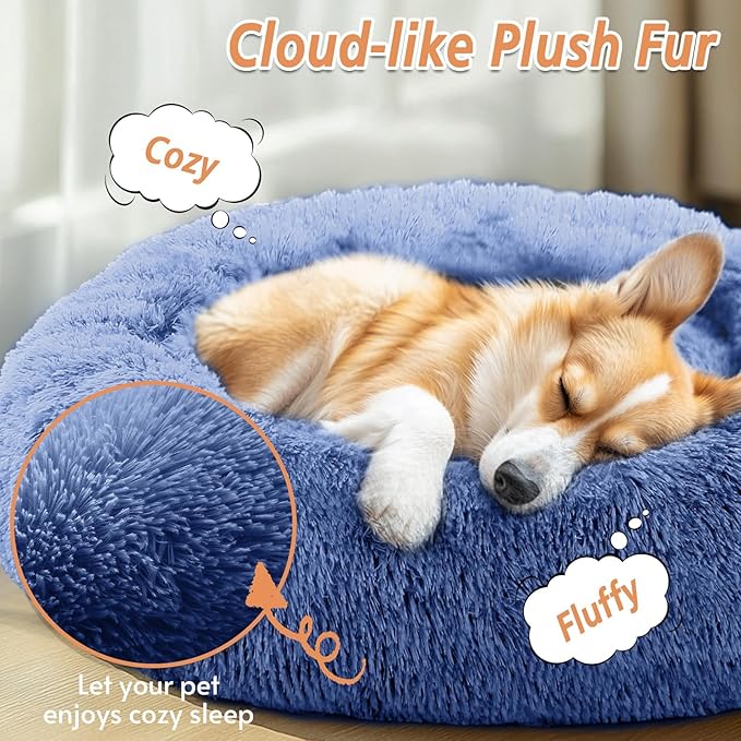 JOLLYVOGUE Calming Dog Bed Medium Size Dog, Anti-Anxiety Donut Medium Pet Bed, 31 inches Fluffy Faux Fur Round Cat Bed, Fits up to 45 lbs Pets (Navy Blue)
