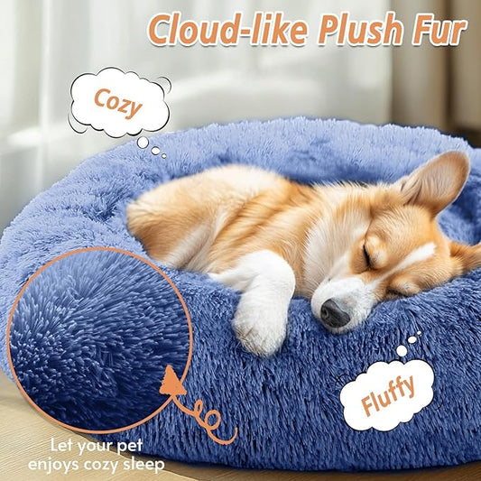 JOLLYVOGUE Calming Small Dog & Cat Bed for Indoor Cats - 20 inches Washable Donut Bed for Kittens & Puppies, Anti-Anxiety Round Fluffy Plush Pet Beds (Fits up to 15 lbs, Navy Blue)