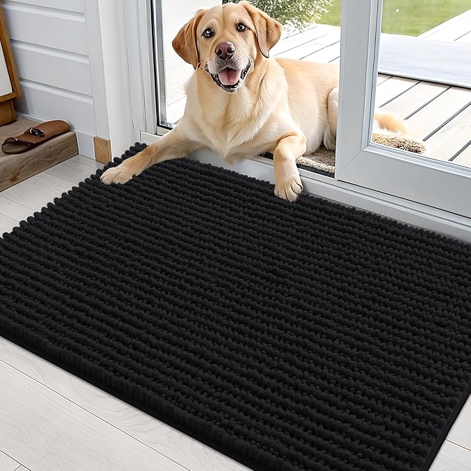 OLANLY Dog Door Mat for Muddy Paws 36x24, Ultra Absorbent Chenille Mud Doormat, Non-Slip Washable and Dirt Trapping Doormat for Indoor Entryway, Quick-Dry Indoor Pet Bed Mats for Dogs, Black