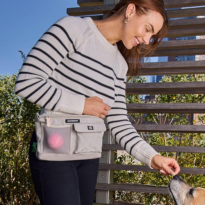 Cleverpup, Dog Walk & Train Sling Bag - Hands-Free 2-In-1 Treat Pouch, Poop Bag Holder, Clicker, Phone Pocket - Crossbody/Fanny Pack, Adjustable Strap - Sand
