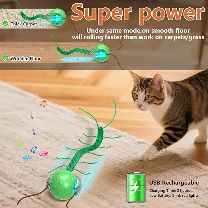 Giociv Interactive Cat Toys for Bored Cats, with Chirping, Centipede Motion Wake-up Super Motor Cat Ball on Rug