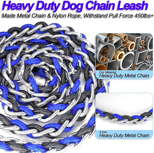 Dog Leash Rope Chain, Nylon Rope Metal Chain for Pet Leads. 6ft Heavy Duty Chew Proof Training Walking for Medium Large Dogs. (Large, Blue&Black)