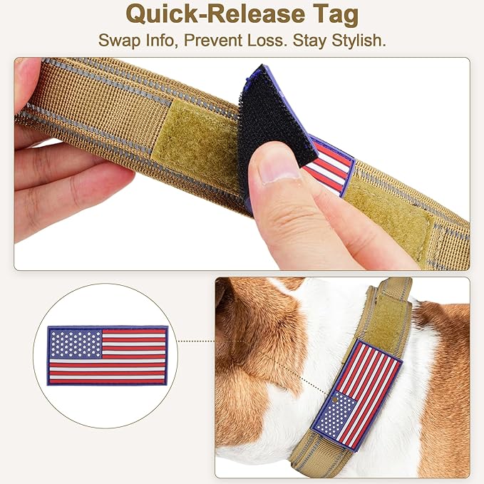 KCUCOP Tactical Dog Collar for Medium & Large Dogs - Military Nylon Heavy Duty Collar with Handle, Reflective Strip & Metal Buckle for Training, Outdoor (Brown Reflective, Large)
