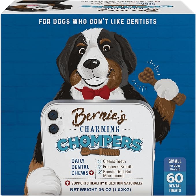 Bernie's Charming Chompers - Daily Dental Chews for Dogs - Cleans Teeth, Freshens Breath, + Boosts Oral-Gut Microbiome. Easy to Digest, Supports Healthy Digestion Naturally (36 oz, Small Dogs)
