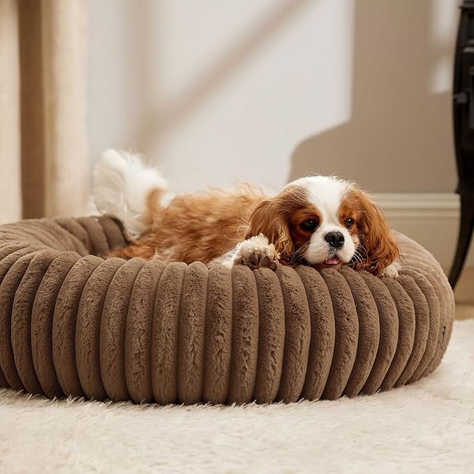 Bedsure ComfyFleece Donut Medium Dog Bed - Washable Faux Fur with Corduroy Fleece & Anti Slip Bottom, Round Pet Bed with Removable Cover, Camel Brown, 30x30x8 inches