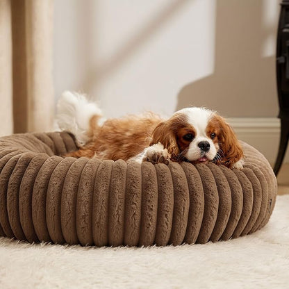 Bedsure ComfyFleece Donut Medium Dog Bed - Washable Faux Fur with Corduroy Fleece & Anti Slip Bottom, Round Pet Bed with Removable Cover, Camel Brown, 30x30x8 inches