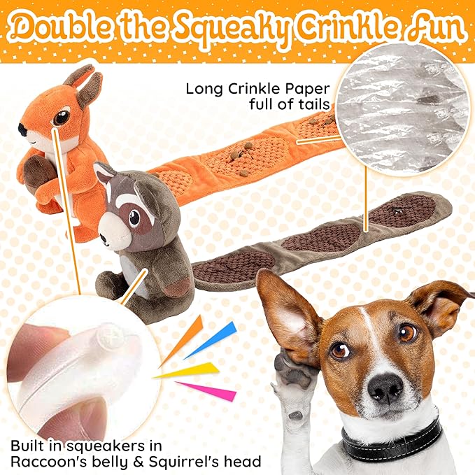 2-Pack Squeaky Dog Toys, Long Crinkle Tail with Treat Dispenser Pockets Plush Interactive Puzzle Toys for IQ Snuffle Foraging Training, Suitable for Small Medium & Large Dogs to Keep Them Busy