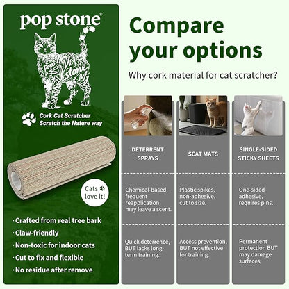 Natural Cork Cat Scratcher Mat, Hook-and-Loop Trimmable Furniture Protector for Couch, Door, Wall & Bed Corner, Claw-Friendly for Indoor Cats (Catnip Green, 39.4 x 11.8 Inch)