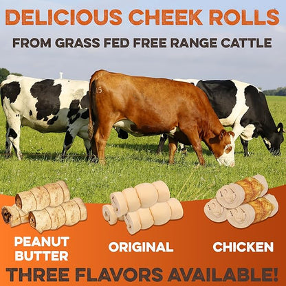 Premium Beef Cheek Rolls for Dogs 10-12" - (10-Pack), Peanut Butter Flavored Long Lasting, Safe & Natural Rawhide Alternative Chews, Ideal for Large Dogs & Aggressive Chewers, Supports Dental Health