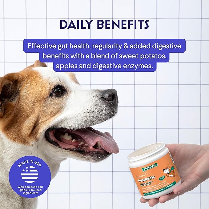WONDER PAWS Organic Pumpkin for Dogs – with Apple, Sweet Potato & Enzymes – Supports Digestion, Stool & Gut Health – Use as Fiber Topper or Mix with Water for Pumpkin Puree