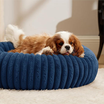 Bedsure ComfyFleece Donut Medium Dog Bed - Washable Faux Fur with Corduroy Fleece & Anti Slip Bottom, Round Pet Beds with Removable Cover, Night Blue, 30x30x8 inches