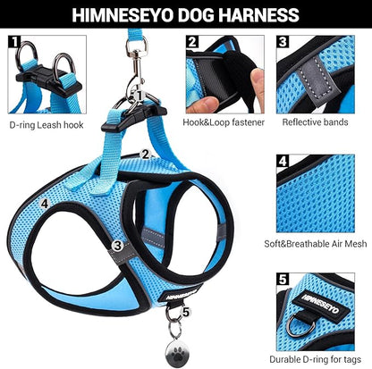 Dog Harness and Leash Set, Dog Harness for Dogs No Pull, No-Chock Step-in Reflective Breathable Lightweight Easy Walk Vest Harnesses with Safety Buckle for Small Medium Dogs, Cats (Light Blue, L)