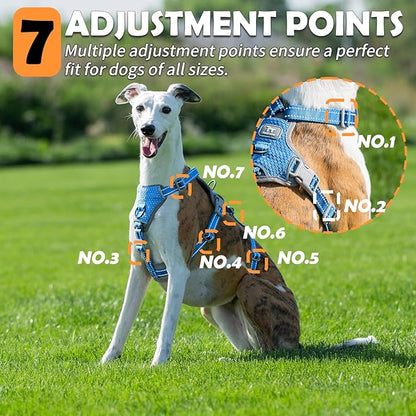 Huntboo Escape Proof Dog Harness – No Pull, No Slip, Fully Reflective, Adjustable 7-Point Design for Small, Medium, and Large Dogs – Lightweight for Outdoor Training & Hiking (Sea Blue, M)