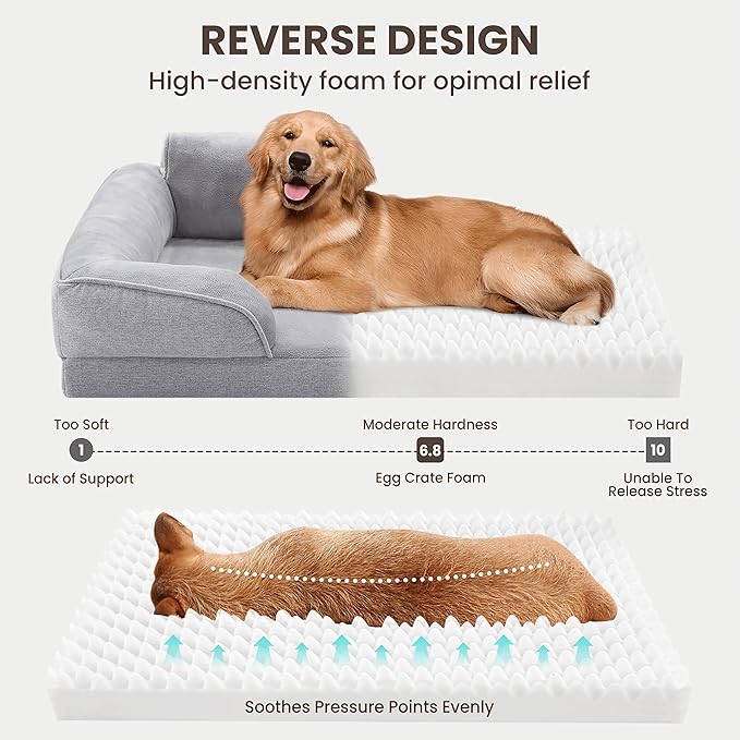 Warmrest Orthopedic Dog Beds for Large Sized Dogs, Waterproof Egg-Crate Foam Pet Couch Bed with Soft Side, Non-Slip Dog Sofa with Flannel Removable Washable Cover, 35"L Supportive Pet Sofa, Light Grey