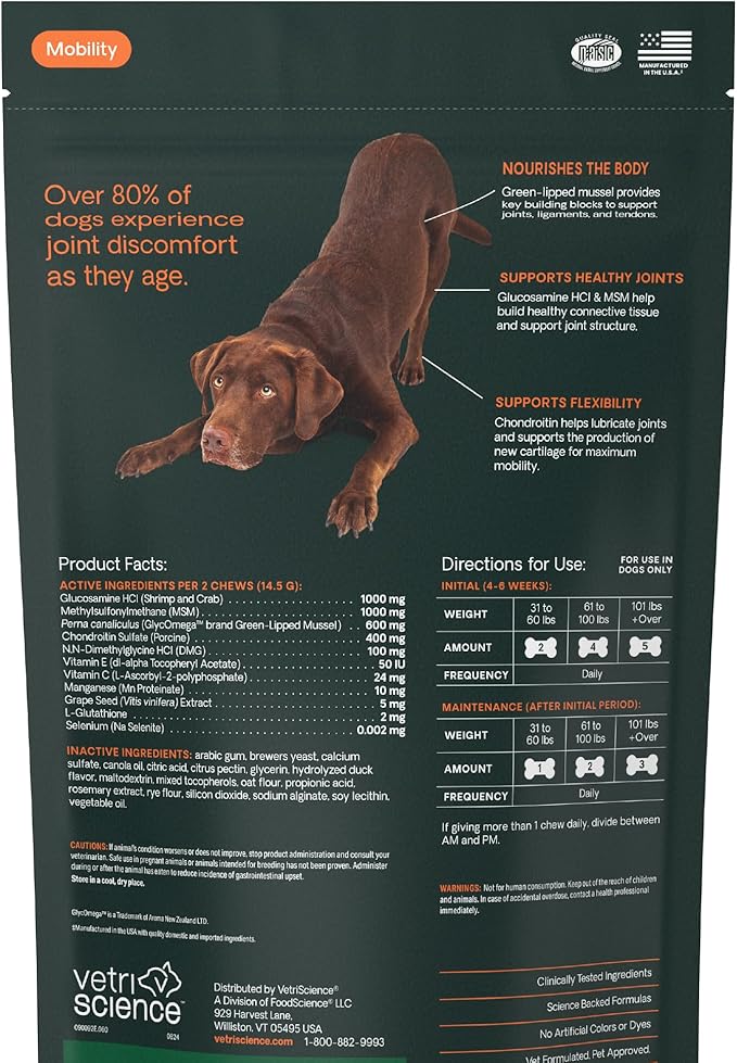 VetriScience Ultimate Strength Healthy Hip & Joint Chews, GlycoFlex Glucosamine, Chondroitin and Green-Lipped Mussel Joint Support Supplement for Dogs, Soothe Joint Discomfort, Duck, 60 Count