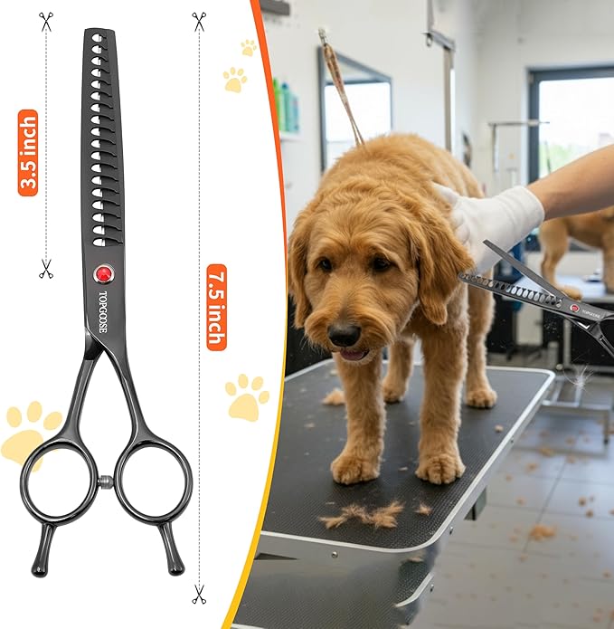 TOPGOOSE 7.5" Dog Grooming Scissor - Professional Thinning Chunker Shear with 18 Teeth Japanese Stainless Steel Hair Scissors for Dogs, Cats and Other Pets (Chunker, Black)