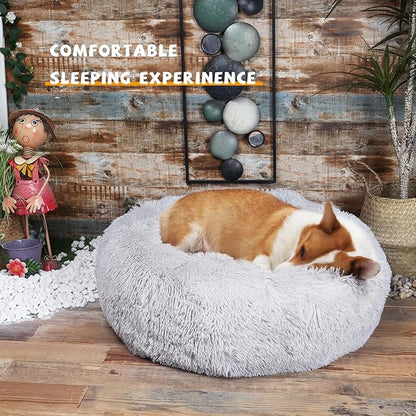 Calming Dog Bed for Medium Dogs Washable Donut 30 inches Anti-Slip Pet Bed,Round Fluffy Plush Faux Fur Cat Bed,Fits up to 45 lbs Pets,Grey