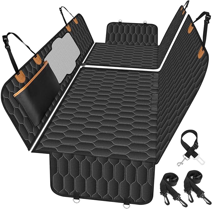 NECKORY Dog Back Seat Cover, Waterproof Scratch Proof Nonslip Dog Hammock for Car, Car Seat Cover for Back Seat with Sanitary Pad Mesh & Pocket for Cars SUVs and Trucks - S, Black/Orange