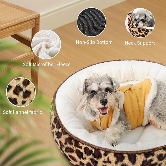 Zerbuger Cat Bed, 23In Dog Beds for Small Dogs, Calming Cat & Dog Beds for Indoor Pets, Pet Beds Comfortable Donut Round Ultra Soft (Leopard, Medium 23in)