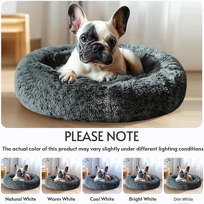 JOLLYVOGUE Calming Dog Bed Large Size Dog, Anti-Anxiety Donut Large Pet Bed, 36 inches Fluffy Faux Fur Round Cat Bed, Fits up to 75 lbs Pets (Navy Grey)