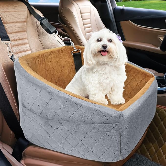 NEEZUKAR Dog Car Seat for Small Medium Dogs,Detachable Washable Dog Booster Seat Under 30lbs, Pet Car Seat Travel Bed with Storage Pockets and Dog Safety Belt(Grey/Brown)