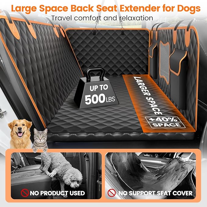 CUIOFREE Dog Seat Cover for Back Seat Hard Bottom,Holds 500 lbs,Waterproof Dog Car Seat Cover for Back Seat Extender,Scratch-Proof Pet Hammock for Car,SUV,Truck - with Mesh Window & Storage,Black