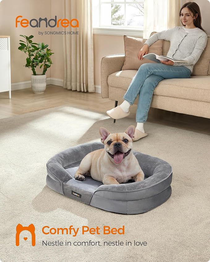 Feandrea Dog Bed, Medium Orthopaedic Dog Sofa Bed, 30 x 20 x 7 Inches, Egg Crate Foam, Waterproof Liner, Raised Edges, Removable and Machine Washable Cover, Non-Slip, Light Gray UPGW281G01