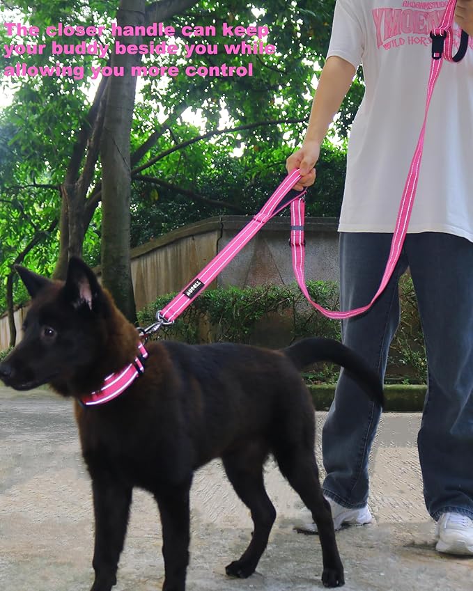 AUBELL Double Handle Tactical Dog Leash Heavy Duty for Small and Medium Large Dogs,Reflective Adjustable Nylon Leash That Pull with Car Seatbelt for Training,4.5-6FT,Pink
