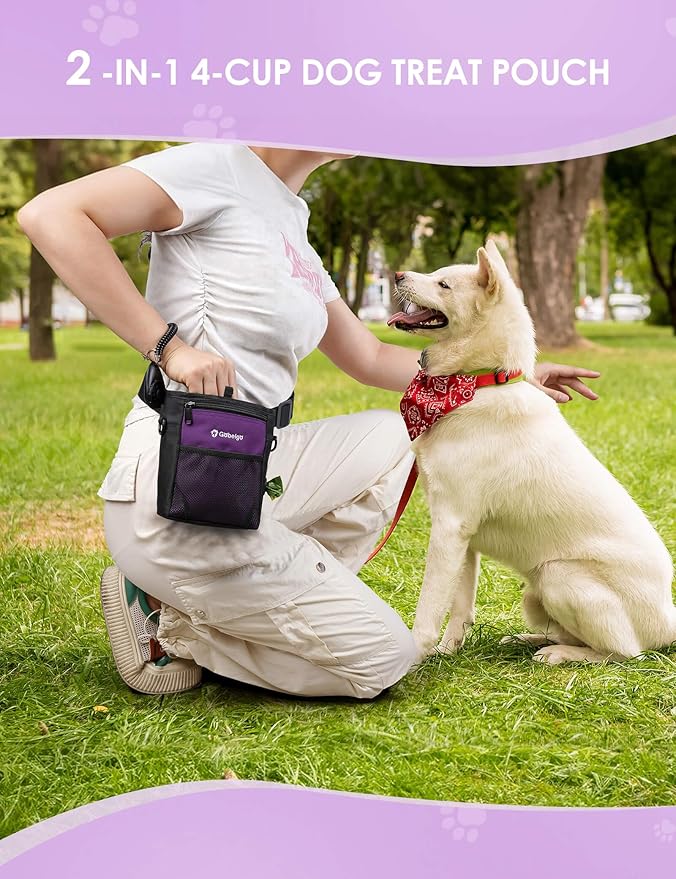 Gobeigo Dog Treat Pouch with Silicone Snack Bag, Front Pocket fits All Phones, 4 Cup Treat Bag with Training Clicker, Upgrade Stronger Magnetic Closure, 3 Ways to Wear Walking Fanny Pack (Purple)