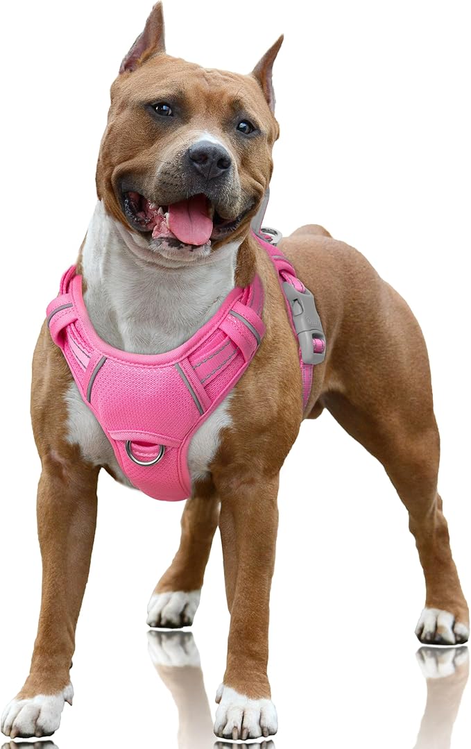 BARKBAY No Pull Dog Harness Large Reflective Dog Harness with Front Clip and Easy Control Handle for Walking Training Running with ID tag Pocket(Pink,L)