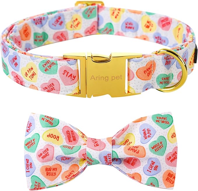 ARING PET Valentine's Day Dog Collar with Bow, Cute Adjustable Heart Bowtie Pet Collars with Metal Buckle for Puppy Small Medium Large Boy Girl Dogs-S