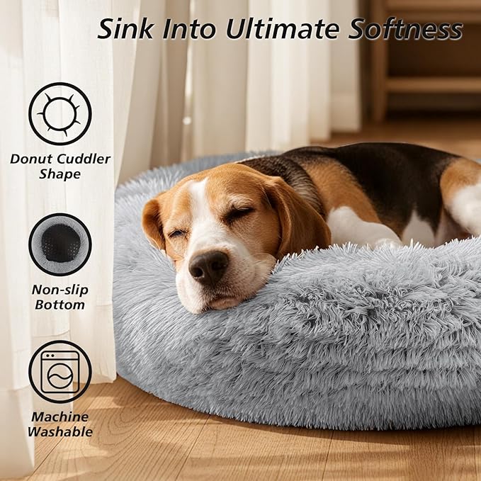 JOLLYVOGUE Calming Dog Bed Medium Size Dog, Anti-Anxiety Donut Medium Dog Bed, 31 inches Fluffy Faux Fur Cushion Bed for Dogs and Cats, Fits up to 45 lbs Pets (Smoke Grey)