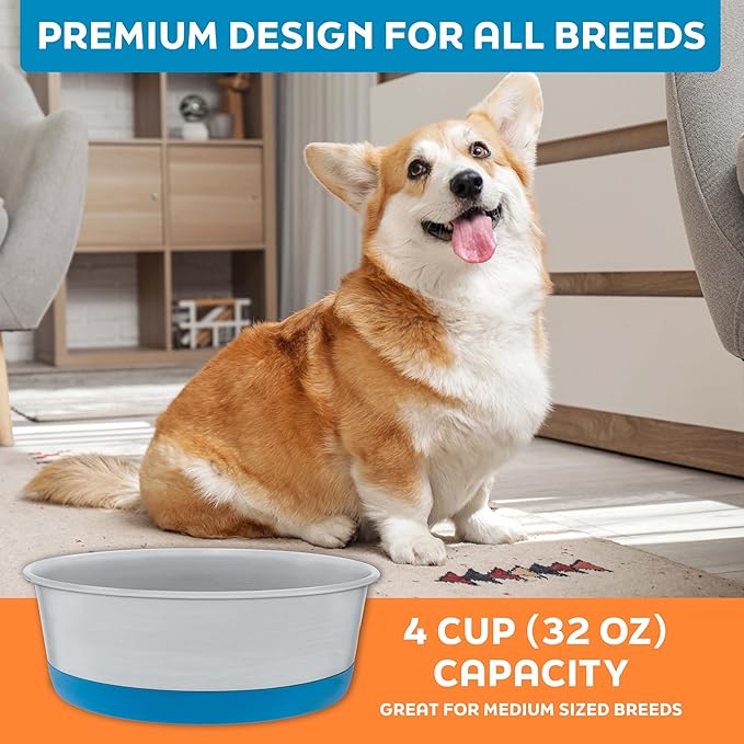 Master Pet Supply Stainless Steel Dog Bowls Set of 2 with Extra Thick Silicone Base - 4 Cup (32 oz) True Blue, Non-Slip, Dishwasher Safe Metal Bowls, Pet Dog Food Bowl for Dogs, Cats, Anti Rust