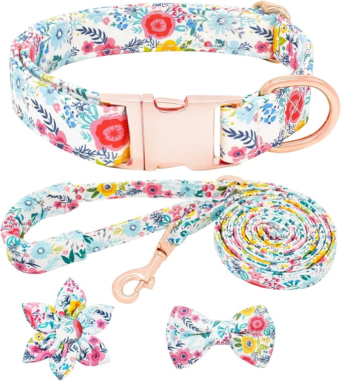 Dog Collar and Leash Set Girls Adjustable Puppy Collars with Floral Bow Tie for Small Medium Large Female Dogs, Teal Flower, XS