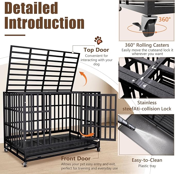 SHUSHIM 38 Inch Heavy Duty Dog Crate Kennel with Wheels, High Anxiety Indestructible Dog Crates for Large Dogs, XL XXL Extra Large Dog Crate with Removable Plastic Tray, Two Locks (Black, Square)