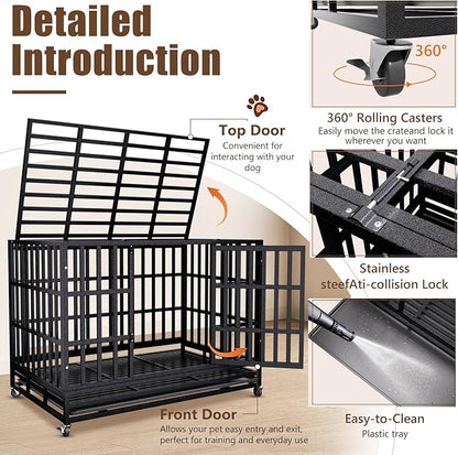 SHUSHIM 38 Inch Heavy Duty Dog Crate Kennel with Wheels, High Anxiety Indestructible Dog Crates for Large Dogs, XL XXL Extra Large Dog Crate with Removable Plastic Tray, Two Locks (Black, Square)