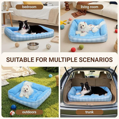 MIHIKK Rectangle Dog Beds for Small Medium Dogs & Cats, Orthopedic Sleeping Pet Bed for Couch with Durable Puppy Cuddler and Anti-Slip Bottom Machine Washable 25 * 21 Inch (Blue)