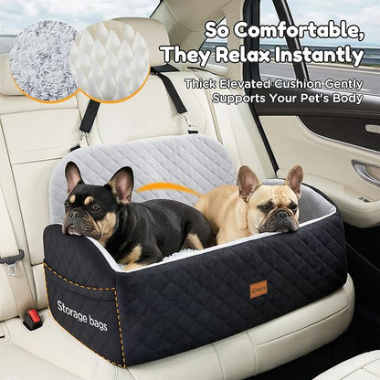 Gimars Reversible Dog Car Seat with Long & Short Plush Seat Cushion for Small/Medium Dogs Up to 60lbs, Detachable Washable Anti-Slip Dog Booster Seat with 5.1'' 28D Egg-Crate Foam, Safety Belt, L