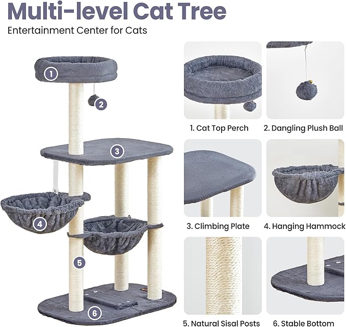 Small Cat Tree Tower with Scratching Post Condo Indoor - 42 Inch Cats Bed Hammock Perch for 2 Corner Cats Large Adult - Medium Short Compact Multi Level Cat House - Tall Climbing Gym Towers Furniture