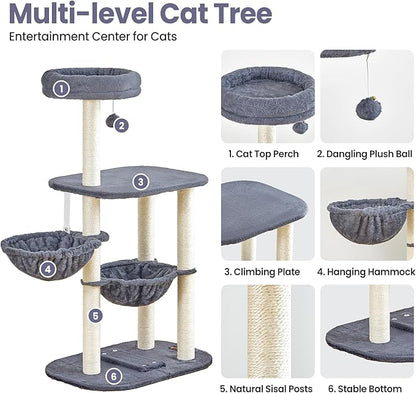 Small Cat Tree Tower with Scratching Post Condo Indoor - 42 Inch Cats Bed Hammock Perch for 2 Corner Cats Large Adult - Medium Short Compact Multi Level Cat House - Tall Climbing Gym Towers Furniture