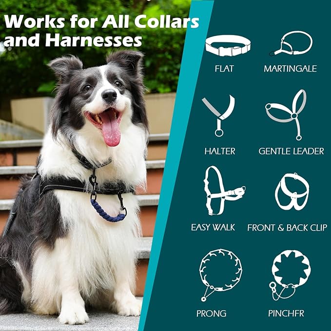 PetBonus Dog Collar Safety Clip, Handmade Backup Safety Strap for Dog Harness, Prong, Pinch Collar, Double Ended Clasp Leash Connector (Navy Blue)