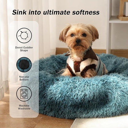 NOYAL Calming Donut Dog Bed for Small to Medium Dogs & Cats - Plush Faux Fur Anti-Anxiety Pet Bed with Machine Washable Cover & Non-Slip Base