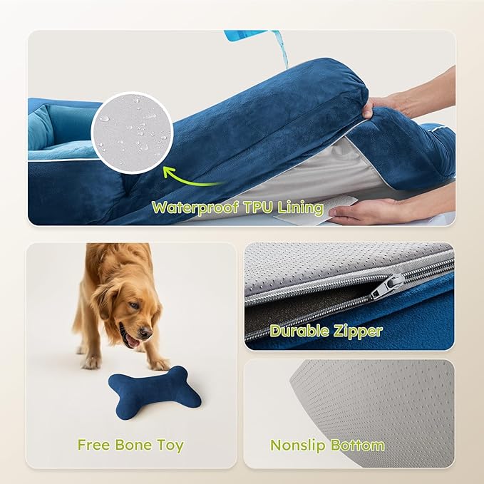 CWAWZ Extra Large Dog Bed, Orthopedic Dog Bed with Cooling Gel Memory Foam, Waterproof XL Pet Bed with Removable Washable Cover, 42" Pet Sofa Couch Dutch Velvet with Bone Toy, Navy Blue