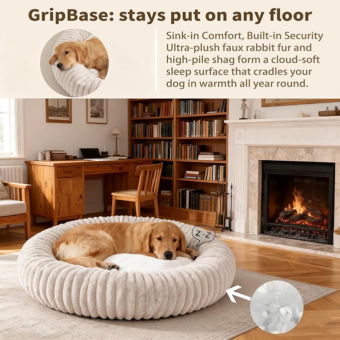 31.5“ Calming Dog Bed for Large Dog-Donut Dog Bed – Faux Rabbit Fur + Shredded Memory Foam & Polyester Fill, Ultra-Comfort Calming Round Pet Bed for Medium/Large Dogs, Easy Care