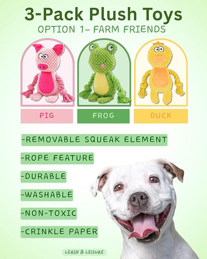 Leash and Leisure Plush Dog Toys, 3-Pack Variety Set with Squeaker, Crinkle Paper, Rope, Non-Toxic, Soft & Durable, Teething Puppy Toys- Farm Friends or Jungle Pals, 9.45 x 3.94 inches (Farm Friends)