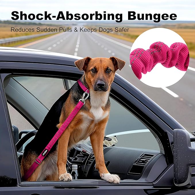 Dog Seat Belt for Car, Adjustable Dog Car Harness Seatbelt for Small Medium Large Dogs, Heavy Duty Travel Safety Restraint with Locking Aluminum Hook & Reflective Nylon Strap, Pink
